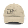 Front view of an distressed hat in khaki. The cap features a black outline graphic on the front panels with the stylized, blocky words 'PERMANSOR' and 'TERRAE' stacked on top of each other.