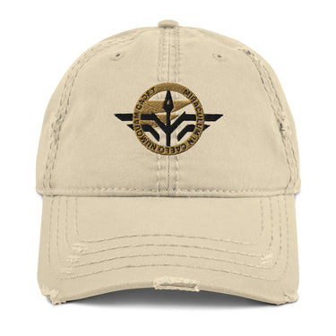 Front view of a distressed hat in Khaki. A circular emblem is embroidered on the front panel: a gold ring lettered "MIRACULUM IN CAELO NUMQUAM CADET" in black stitching, with a black winged spearhead standing through its centre and swept wings running out to either side. Unstructured six-panel crown, curved brim, hook and loop closure.