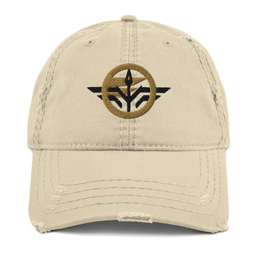 Front view of a distressed hat in Khaki. A circular emblem is embroidered on the front panel: a plain gold ring, with a black winged spearhead stitched through its centre and swept wings running out to either side. Unstructured six-panel crown, curved brim, hook and loop closure.