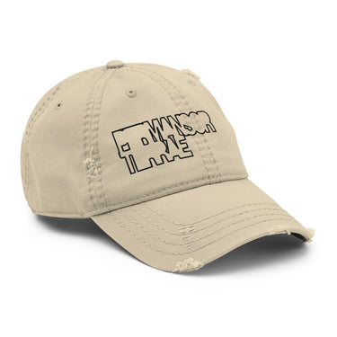 3/4 view of an distressed hat in khaki. The cap features a black outline graphic on the front panels with the stylized, blocky words 'PERMANSOR' and 'TERRAE' stacked on top of each other.