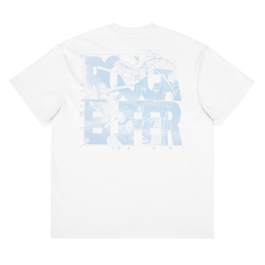 Back view of a box tee in white, flat. A large square collage in pale sky blue layers oversized fragmented lettering over clouds, handwritten script and geometric diagram lines. Numbered index strips read 'Total Unity', 'Genius-Villain Paradox' and 'Chain of Genesis', with smaller labels for 'experiment log' and 'tech status: unstable'. A thin border frames the panel, with the name set vertically down the left edge.