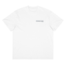 Front view of a box tee in white, flat. A small right-chest graphic in slate grey and pale blue reads 'External' above 'STRATEGY DEPT.', with 'Chief Tech' beneath, set in condensed technical type flanked by tiny aircraft glyphs.