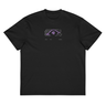 Front view of a box tee in black, flat. A graphic centered on the chest features a stylized eye symbol framed by abstract blocky shapes. Below are the words "PERPETUITY", "INFINITY", and "ENDLESSNESS".