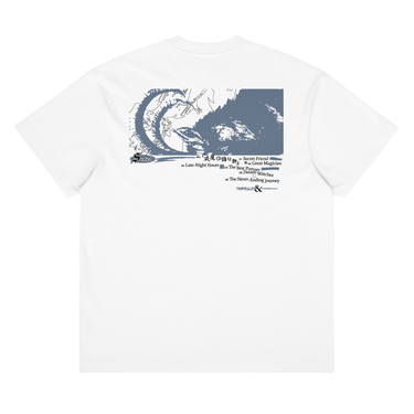Back view of a box tee in white, flat. Design is a large back graphic featuring a silouhette, line lined illustration with a caprinae like silhouette overlaid on the right side. Below the main graphic is a numbered list of phrases including "Late-Night Hours," "Secret Friend," "The Best Partner," and "The Never Ending Journey," followed by the words "FAIRYTALES & ETHEREALS" at the bottom.