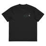 Front view of a box tee in black, flat. A small graphic on the left chest features a geometric, flower-like symbol made of fine lines, next to a vertical block of technical-style text.