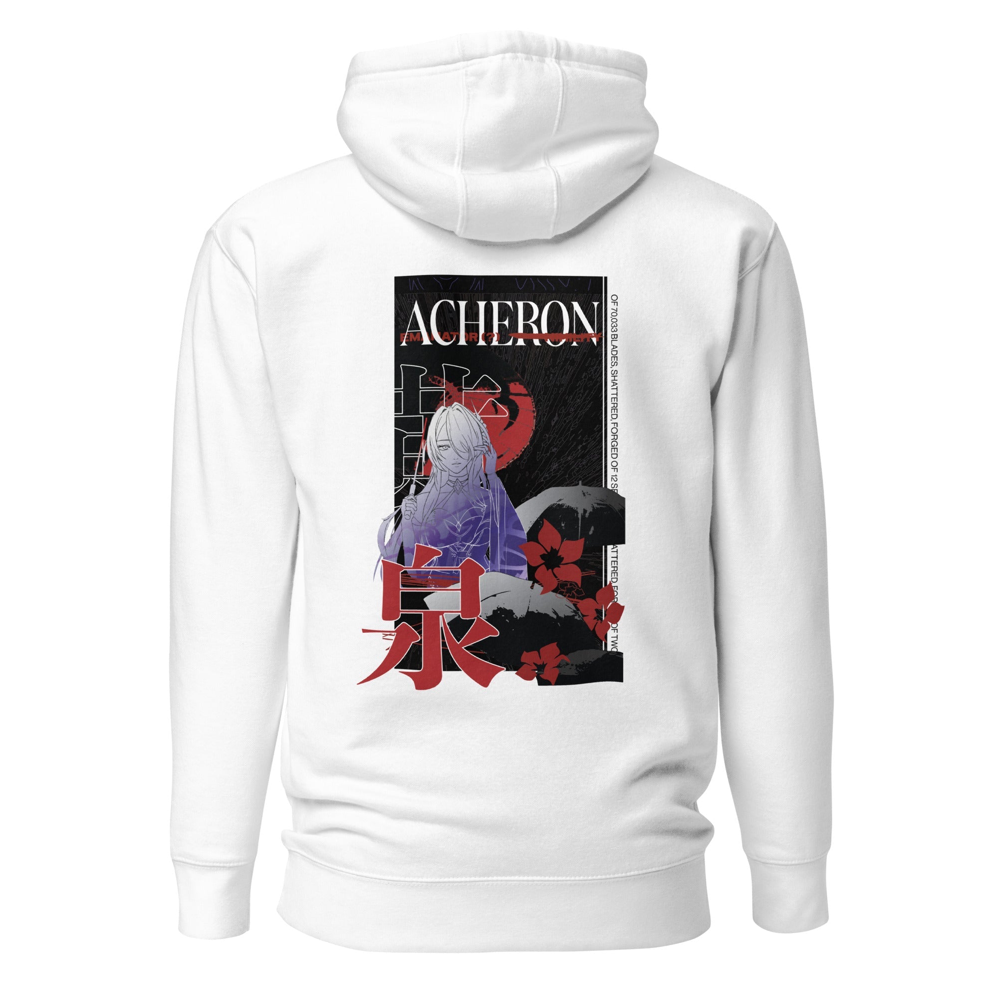 Acheron hoodie in white with a unique design from Honkai Star Rail, crafted for durability and comfort.