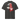 Back view of a Box Tee in Vintage Black. a large back graphic centered on a jagged, torn-map style emblem in white with a glowing star burst at its center, layered over angled orange-red geometric panels resembling sail or flag fragments, alongside a bold two-line wordmark, a short block of descriptive text, and a smaller diagonal wordmark near the hem