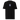 The front of a black oversized t-shirt. Centered on the chest is a small graphic featuring a stylized white symbol, resembling a chalice, set against a blue rectangular background.