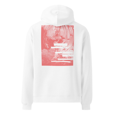 Back view of a oversized hoodie in white. A large coral pink poster panel fills the upper back, printed with a stylized winged figure in soft tonal linework set against a bank of clouds. Horizontal white bars redact most of the text, leaving the words "she, who silences the ether" legible between them, with faint handwritten script and a small circular seal layered underneath. An expressive, editorial, graphic-forward composition.