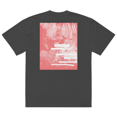 Back view of a oversized tee in faded black. A large coral pink poster panel fills the upper back, printed with a stylized winged figure in soft tonal linework set against a bank of clouds. Horizontal white bars redact most of the text, leaving the words "she, who silences the ether" legible between them, with faint handwritten script and a small circular seal layered underneath. An expressive, editorial, graphic-forward composition.