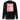 Back view of a sweatshirt in black. A large coral pink poster panel fills the upper back, printed with a stylized winged figure in soft tonal linework set against a bank of clouds. Horizontal white bars redact most of the text, leaving the words "she, who silences the ether" legible between them, with faint handwritten script and a small circular seal layered underneath. An expressive, editorial, graphic-forward composition.