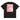 Back view of a box tee in black. A large coral pink poster panel fills the upper back, printed with a stylized winged figure in soft tonal linework set against a bank of clouds. Horizontal white bars redact most of the text, leaving the words "she, who silences the ether" legible between them, with faint handwritten script and a small circular seal layered underneath. An expressive, editorial, graphic-forward composition.