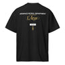 Back view of a box tee in Black. A stacked graphic fills the upper back: "AIRSPACE PATROL DEPARTMENT" in heavy white capitals, "GLORIA NOS DUCIT" in smaller gold capitals beneath it, then "L'Azur" in a large gold script with a long trailing flourish. Below sit a small white box lettered "FIRST SPEAR" in black, a weathered gold seal stamp carrying two characters, and "gen 5" in gold.