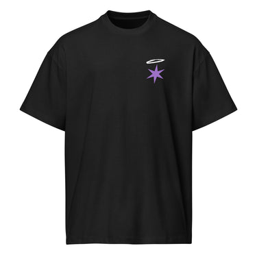 Front view of a box tee in black. A small graphic sits high on the left chest: a loose, hand-drawn halo ring in white tilted above a sharp six-pointed star in soft violet. Both shapes print flat, the ring's brushed edges left rough and unfinished.