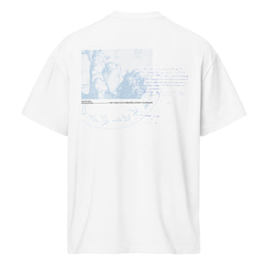 Back view of a box tee in white. A large faded blue engraving-style illustration inspired by classical mythological painting dominates the panel, showing tumbling figures and horses caught mid-fall, framed by a circular arc of birds in flight. Below it, a line of text reads 'take the reins and lose the sky — the thing you command learns your shape,' surrounded by scattered handwritten annotations.