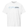 Front view of a box tee in white. A stylized wordmark across the chest paired with a small emblem-style logo, layered over faint scratchy handwritten script, with a single legible line reading 'the rays of the sun warms me so' beneath it.