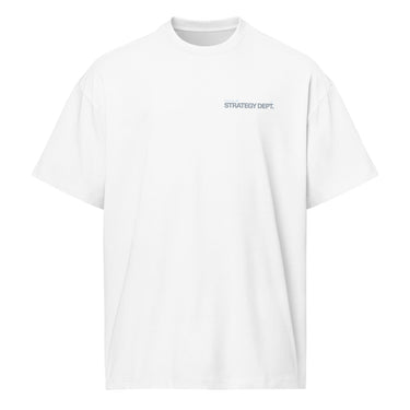Front view of a box tee in white. Small tonal chest lockup reading "External" above "STRATEGY DEPT." in pale blue and soft grey, set in a condensed bold sans with tiny wing and crosshair marks. A low-contrast print that sits close to the fabric.