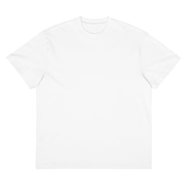 Front view of a box tee in white. Left plain with no print on the front, the graphic sits entirely on the back of the garment.
