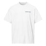 Front view of a box tee in white. A small right-chest graphic in slate grey and pale blue reads 'External' above 'STRATEGY DEPT.', with 'Chief Tech' beneath, set in condensed technical type flanked by tiny aircraft glyphs.