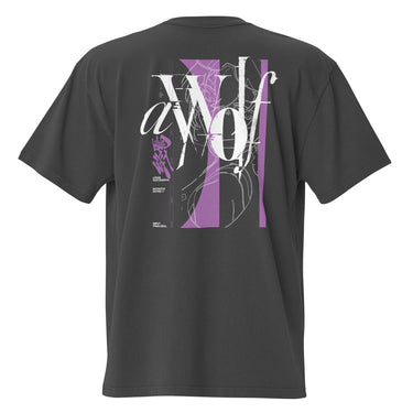 Back view of a Oversized Tee in Faded Black. Large expressive brush-script lettering reading "aWolf" spans the upper back, layered over a color-blocked stripe panel with fine linework illustration behind it. Beside it, a small graffiti-style character mark for "终焉" (Finality) sits next to vertical HUD-style readout text: "LOGIN SUCCESSFUL," "NO PATCH NOTES >>," and "INPUT FINALIZED..."