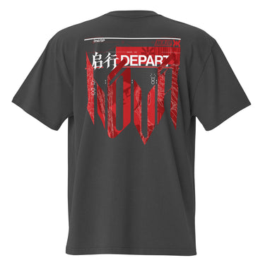 Back view of a oversized tee in faded black. A large HUD-style graphic dominates the upper back, pairing a bold 'DEPART' wordmark with the stacked characters '启行' above a jagged red banner shaped like a torn transit map, its silhouette faintly tracing a figure's profile. Dense micro-typography runs down both sides in vertical blocks of English verse about starlight and a dead sun, framed by sunburst icons, a small red stamp reading '旅未终,' and a technical grid header labeled '2nd/SP.'