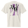 Back view of a Oversized Tee in Faded Bone. Large expressive brush-script lettering reading "aWolf" spans the upper back, layered over a color-blocked stripe panel with fine linework illustration behind it. Beside it, a small graffiti-style character mark for "终焉" (Finality) sits next to vertical HUD-style readout text: "LOGIN SUCCESSFUL," "NO PATCH NOTES >>," and "INPUT FINALIZED..."