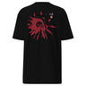 Back view of an t-shirt in black. HSR Evernight inspired design shows a large abstract red flower graphic in the center. Above the flower, text reads “veil” with a red circular stamp containing a chinese character.