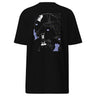 Back view of an t-shirt in black. Design features a large graphic showing a silhouette of Cerydra from Honkai: Star Rail, surrounded by abstract line art, handwritten text, strategic grid elements, and chess piece motifs in white and light blue.