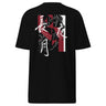 Back view of an t-shirt in black. HSR Evernight inspired design, featuring overlapping abstract linework in white, intersecting with solid block shapes in muted red and neutral tones. Bold calligraphic characters (長月夜) in traditional Chinese/Japanese kanji are placed prominently across the center, contrasting with the structured geometric background. 
