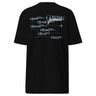 Back view of an t-shirt in black. Design is a structured typographic design across the upper back. The composition features a numbered sequence from one to six, each paired with Latin or pseudo-Latin text. The layout is horizontal with thin dividing lines and varied type treatments, creating a grid-like visual system.