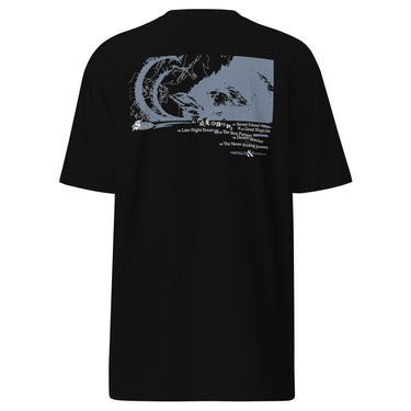 Back view of an t-shirt in black. Design is a large back graphic featuring a silouhette, line lined illustration with a caprinae like silhouette overlaid on the right side. Below the main graphic is a numbered list of phrases including "Late-Night Hours," "Secret Friend," "The Best Partner," and "The Never Ending Journey," followed by the words "FAIRYTALES & ETHEREALS" at the bottom.