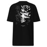 Back view of an t-shirt in black. The design showcases a large, intricate graphic centered on the upper back. A radiant, four-point star form sits in the middle, surrounded by fragmented abstract shapes, and faint technical linework. Scattered numbers and coordinates appear along the right side, adding a coded, data-driven atmosphere. At the bottom of the composition, serif text reads “Verse & Vow,” followed by the word “genesis” in delicate handwritten script.