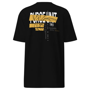 Back view of an t-shirt in black. A large graphic composition spans the upper back, dominated by the phrase “PURGE UNIT” in bold white uppercase text. Horizontal gold bands cut across the lettering, partially obscuring it while revealing fine black line illustrations that resemble a mechanical robot. To the right of the main composition, smaller text reads “TYPE 0,” accompanied by a vertical column of numbers arranged like a technical index.