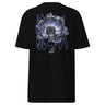 Back view of an t-shirt in black. A detailed blue-toned flower with soft gradients of indigo, slate blue, and muted lavender. Overlaid on the flower is stacked  text reading “DO YOU REMEMBER / STEP FORTH INTO THESE GENTLE FLAMES / I AM YOUR MEMORY.” Behind the flower, abstract vertical line shapes in a muted bluish-purple create depth and contrast without overpowering the main illustration. 