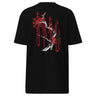Back view of a tee in black. Four large vermillion brushstroke characters reading "春木灰心" run vertically down the center, layered with a stark white-and-red painterly tree branch winding through them. Two crimson rectangles bracket smaller ink motifs in the upper-left and lower-right, giving the composition an expressive, calligraphic, graphic-forward feel.