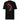 Back view of a tee in black. Four large vermillion brushstroke characters reading "春木灰心" run vertically down the center, layered with a stark white-and-red painterly tree branch winding through them. Two crimson rectangles bracket smaller ink motifs in the upper-left and lower-right, giving the composition an expressive, calligraphic, graphic-forward feel.