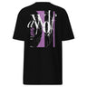 Back view of a T-Shirt in Black. Large expressive brush-script lettering reading "aWolf" spans the upper back, layered over a color-blocked stripe panel with fine linework illustration behind it. Beside it, a small graffiti-style character mark for "终焉" (Finality) sits next to vertical HUD-style readout text: "LOGIN SUCCESSFUL," "NO PATCH NOTES >>," and "INPUT FINALIZED..."