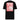 Back view of a t-shirt in black. A large coral pink poster panel fills the upper back, printed with a stylized winged figure in soft tonal linework set against a bank of clouds. Horizontal white bars redact most of the text, leaving the words "she, who silences the ether" legible between them, with faint handwritten script and a small circular seal layered underneath. An expressive, editorial, graphic-forward composition.