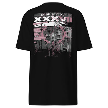 Back view of a t-shirt in black. A large rectangular back graphic layers an ornate hall interior in high-contrast greyscale beneath oversized roman numerals 'XXXVII' and a serif 'IN SILENTIO' wordmark. Dusty pink text bars carry a short poem down the left edge, cut through by thorned starburst linework in the same pink.