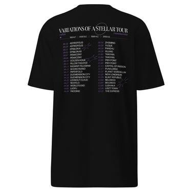 Back view of a t-shirt in black. A large graphic fills the upper back, laid out like a concert tour poster. A wide display serif title reads "VARIATIONS OF A STELLAR TOUR" in white, with a small italic "robin" and "/summeretto" tucked beneath it and a ruled row of four era markers below that. Two columns of dated stops run down the rest in condensed capitals, the dates set in violet, with thin outlined starbursts drifting across the list.