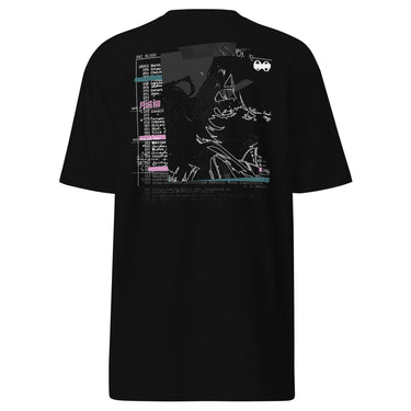 Back view of a t-shirt in Black. A large collaged graphic fills the back: a ruled record card labelled "ONI BLOOD", "NAME" and "POSITION AND RANK" in small white capitals, its name line filled in with pink Japanese characters over a faint column of typewritten Latin plant names struck through with pink and teal highlighter bars. Beside it, an expressive white line drawing of a figure with a long bladed polearm sits over halftone shading and translucent dark panels.