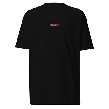 Front view of an t-shirt in black. Design is a small, embroidered red patch on the left chest featuring the white line art of an Astral Express ticket from Honkai: Star Rail.