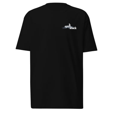 Front view of an t-shirt in black. Design features a small logo on the upper chest featuring the words "spook shack" in a stacked, stylized font, with abstract horizontal brush strokes layered behind the text.