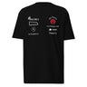 Front view of a tee in black. A graphic-forward arrangement of stylized sponsor-style logos fills the upper chest in two columns — featuring marks reading "ENCORE X," "the Tavern," "PUNCHLINE Tuning," "blocked. media management," "lies & palette Co.," "144," and "Engage," alongside a circular flame emblem. White and deep crimson lettering on black, blending streetwear with motorsport aesthetics.