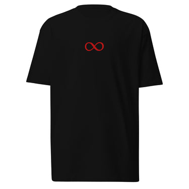 Front view of a tee in black. A small red infinity-loop motif sits at the center chest as the only graphic — minimalist and restrained, with bold color contrast against the dark fabric.
