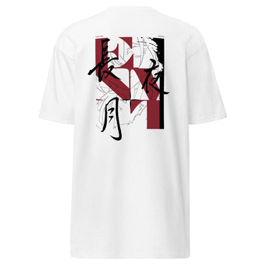 Back view of an t-shirt in white. HSR Evernight inspired design, featuring overlapping abstract linework in white, intersecting with solid block shapes in muted red and neutral tones. Bold calligraphic characters (長月夜) in traditional Chinese/Japanese kanji are placed prominently across the center, contrasting with the structured geometric background. 
