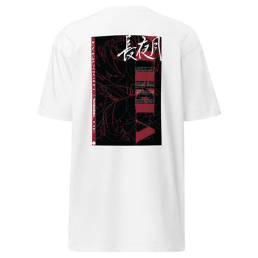 Back view of an t-shirt in white. Design features a large vertical graphic inspired by Honkai: Star Rail. The design includes line art of a character's silhouette, with text for "Evernight" in Chinese/Kanji (長夜月), and additional text elements.