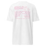 Back view of an t-shirt in white. The design includes stylized text at the top reading ‘ODES As I’ve Written’ with a small decorative image beside it. Below this header, a grid-like arrangement lists words in Roman numeral order, such as ‘WORLD,’ ‘ROMANCE,’ ‘PASSAGE,’ ‘OCEAN,’ ‘DEATH,’ ‘SKY,’ ‘TIME,’ ‘EARTH,’ ‘TRICKERY,’ ‘LAW,’ ‘REASON,’ and ‘STRIFE.’ The typography mixes serif and decorative styles, giving the shirt a poetic, vintage-inspired aesthetic.