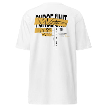Back view of an t-shirt in white. A large graphic composition spans the upper back, dominated by the phrase “PURGE UNIT” in bold white uppercase text. Horizontal gold bands cut across the lettering, partially obscuring it while revealing fine black line illustrations that resemble a mechanical robot. To the right of the main composition, smaller text reads “TYPE 0,” accompanied by a vertical column of numbers arranged like a technical index.