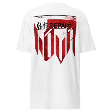 Back view of a t-shirt in white. A large HUD-style graphic dominates the upper back, pairing a bold 'DEPART' wordmark with the stacked characters '启行' above a jagged red banner shaped like a torn transit map, its silhouette faintly tracing a figure's profile. Dense micro-typography runs down both sides in vertical blocks of English verse about starlight and a dead sun, framed by sunburst icons, a small red stamp reading '旅未终,' and a technical grid header labeled '2nd/SP.'